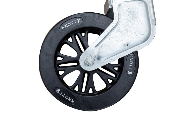 Roue de support pivotante KNOTT TK57 avec poignée, 500 kg, 57 mm, 710-1010 mm