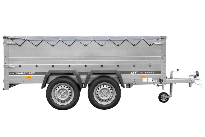 GARDEN TRAILER 264/2 KIPP remorque à deux essieux avec roue jockey, châssis H-0, ridelles BIS et bâche plate grise