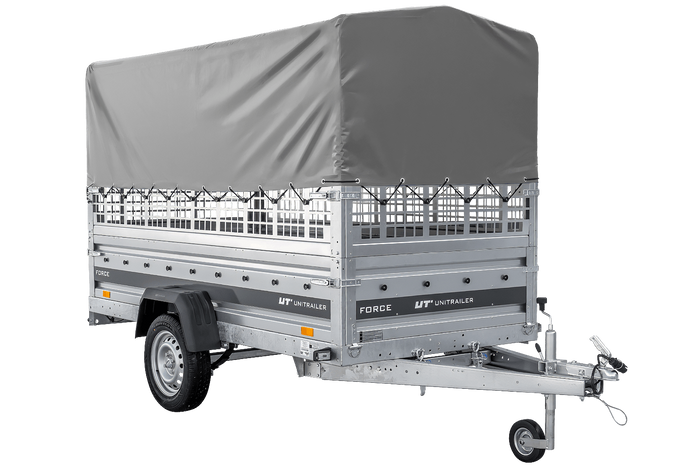 Remorque porte-voitures sur ressorts 264x125 UNITRAILER FORCE 264/R KIPP avec côtés en filet, châssis H-800 et bâche grise