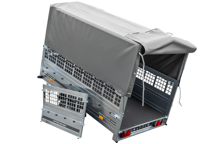 Remorque porte-voitures 230x125 UNITRAILER GARDEN 230 KIPP avec côtés en filet, châssis H-800 et bâche grise