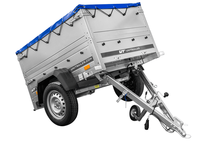 Remorque petite à vendre à benne basculante - Garden Trailer 150 KIPP [avec rehausses de ridelles et bâche plate bleue]