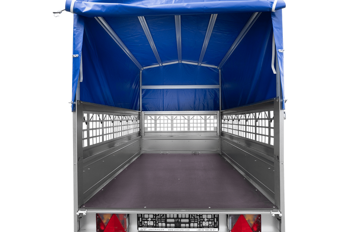 Remorque porte-voitures 200x125 UNITRAILER GARDEN 201 KIPP avec côtés en filet, châssis H-800 et bâche grise