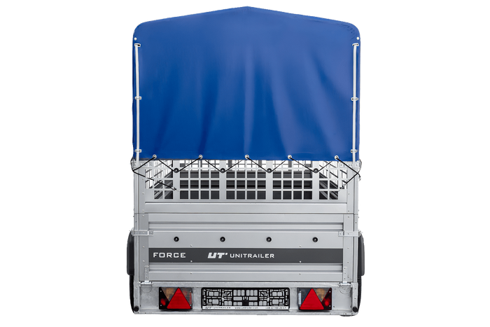 Remorque porte-voitures sur ressorts 264x125 UNITRAILER FORCE 264/R KIPP avec côtés en filet, châssis H-800 et bâche bleue