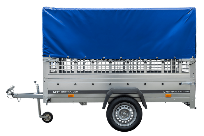 Remorque à un essieu 230x125 UNITRAILER GARDEN 230 KIPP avec côtés en filet, châssis H-800 et bâche bleue