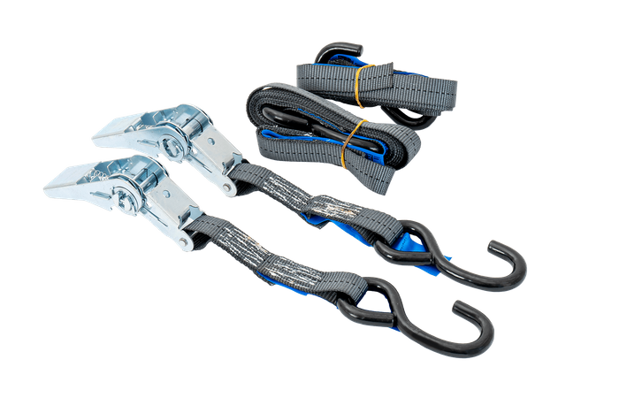 Ensemble de deux sangles de transport HILLS 3m/25mm/1t avec tendeur et deux harnais de 0,45m pour sécuriser la moto