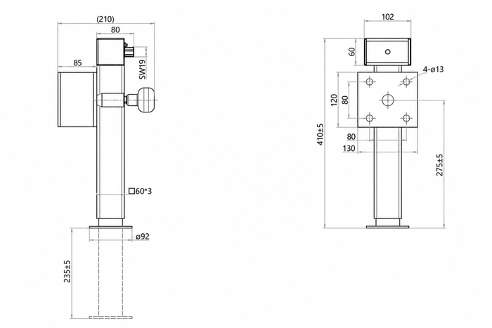 Support de manivelle extensible UNITRAILER JL2 pour remorque plateau 1300 kg 410-645 mm