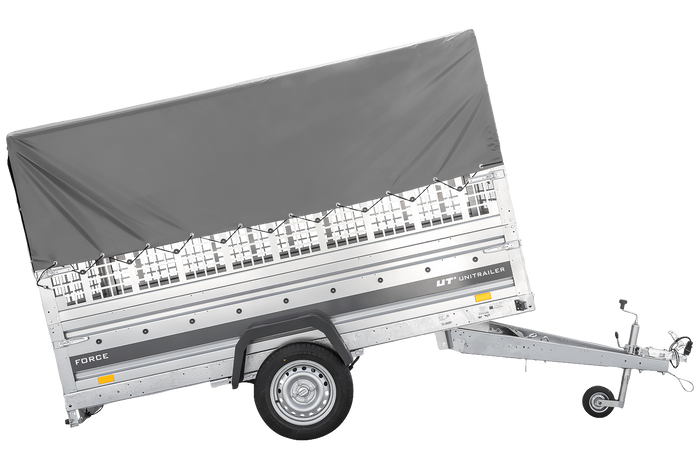 Remorque porte-voitures sur ressorts 264x125 UNITRAILER FORCE 264/R KIPP avec côtés en filet, châssis H-800 et bâche grise