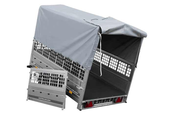 Remorque à un essieu sur ressorts UNITRAILER GARDEN 201/R KIPP 200x125 avec côtés en filet, châssis H-800 et bâche grise