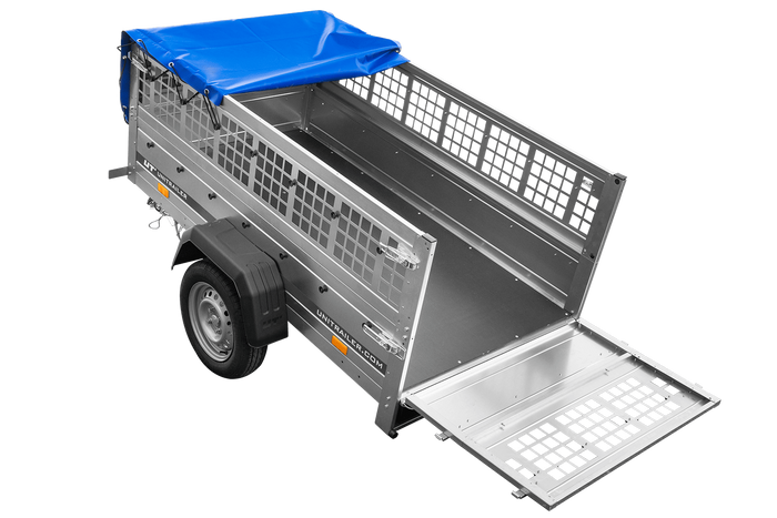 Remorque à un essieu 200x106 UNITRAILER GARDEN 200 KIPP avec côtés en filet et bâche bleue