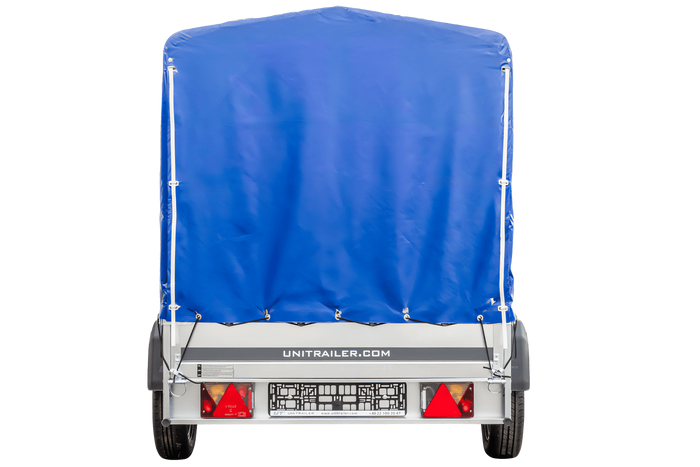Remorque porte-voitures 230x125 UNITRAILER GARDEN 230 KIPP avec châssis H-1100 et bâche bleue