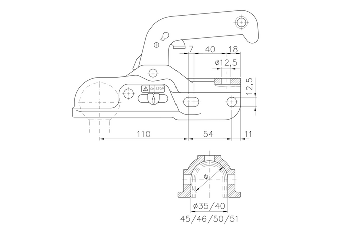Attelage à boule WINTERHOFF WW 30-K+Z pour remorque de 3000 kg avec timon tubulaire de 35 à 51 mm, en fonte