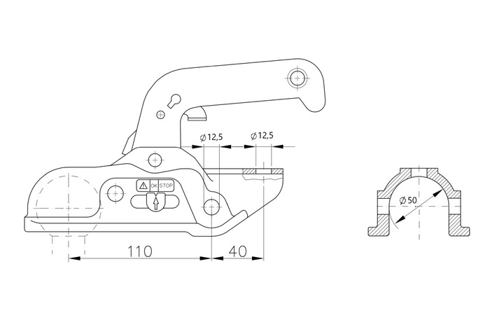 Attelage à boule WINTERHOFF WW 30-D3-K1212 pour remorque de 3000 kg avec timon tubulaire de 50 à 51 mm, en fonte