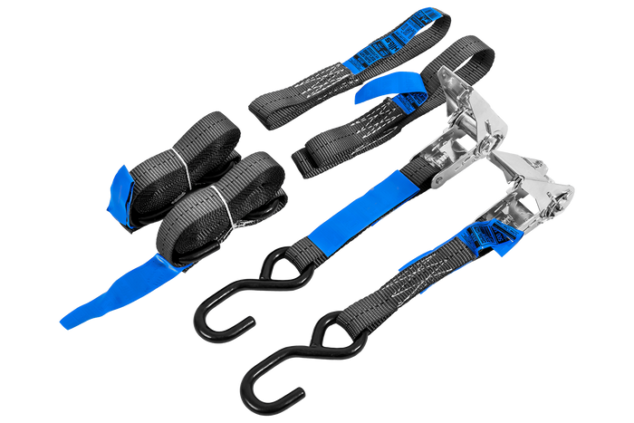 Ensemble de deux sangles de transport HILLS 3 m/25 mm/1 t avec tendeur et deux harnais de 0,45 m pour la fixation de la moto