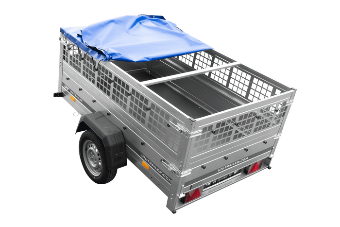 Remorque à un essieu 200x125 UNITRAILER GARDEN 201 KIPP avec côtés en filet, châssis H-0 et bâche bleue