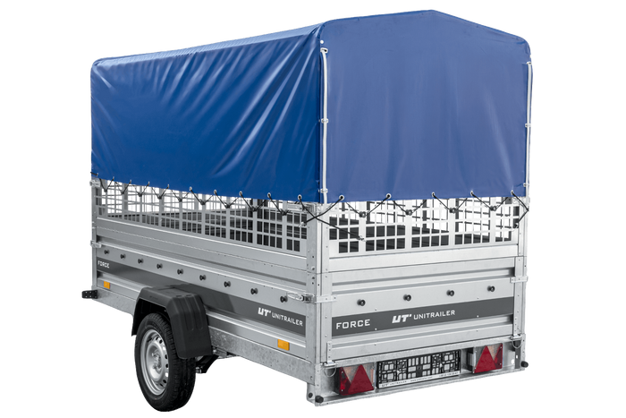 Remorque porte-voitures sur ressorts 264x125 UNITRAILER FORCE 264/R KIPP avec côtés en filet, châssis H-800 et bâche bleue