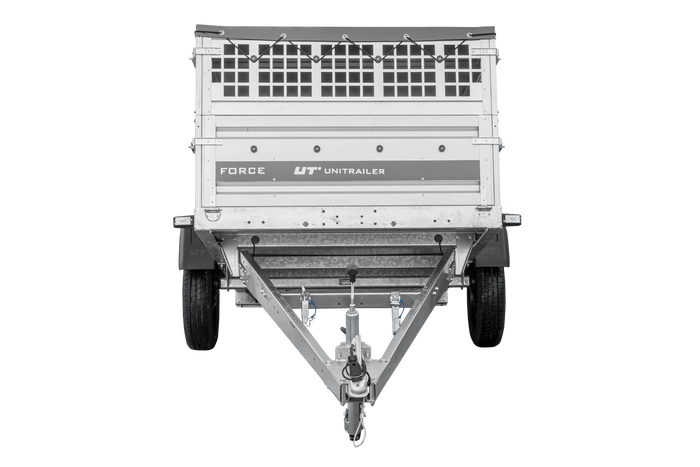 Remorque à un essieu 230x125 UNITRAILER FORCE 230 KIPP avec côtés grillagés, châssis H-0 et bâche grise