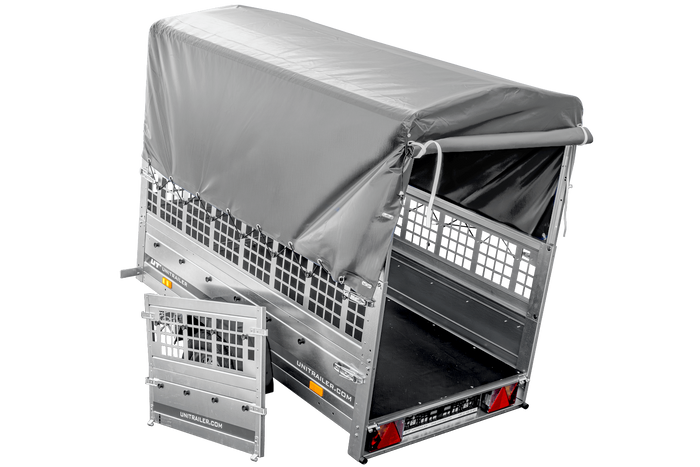 Remorque porte-voitures 200x106 UNITRAILER GARDEN 200 KIPP avec côtés en filet, châssis H-800 et bâche grise