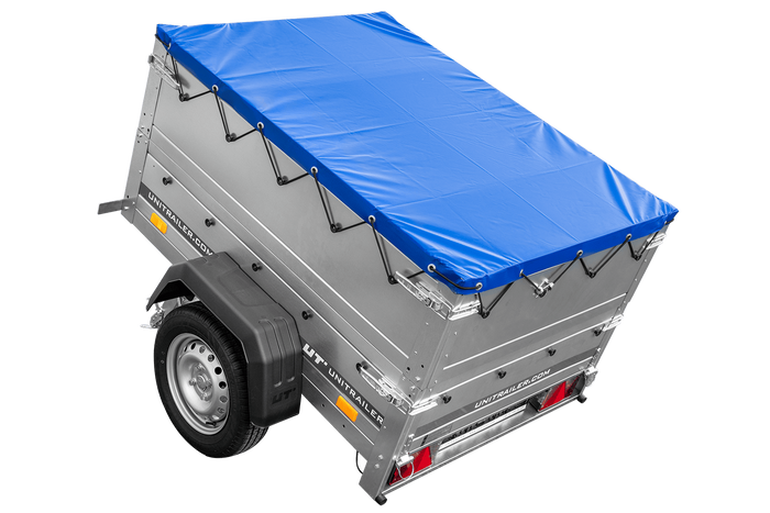 Remorque petite à vendre à benne basculante - Garden Trailer 150 KIPP [avec rehausses de ridelles et bâche plate bleue]