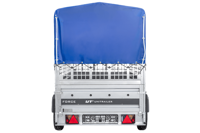 Remorque à un essieu 230x125 UNITRAILER FORCE 230 KIPP avec côtés grillagés, châssis H-0 et bâche bleue
