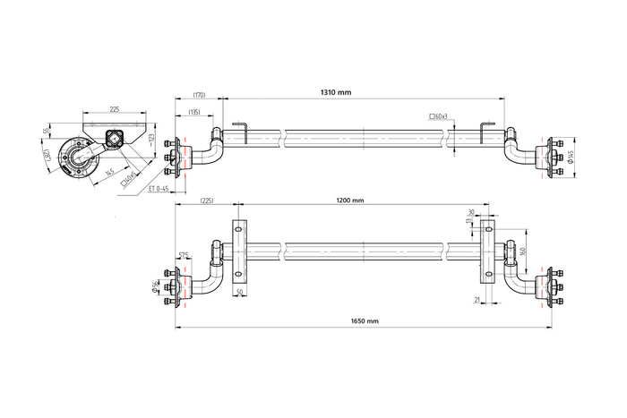 Essieu non freiné KNOTT VG7-L pour remorque 750 kg 1200 mm 1650 mm 4x100