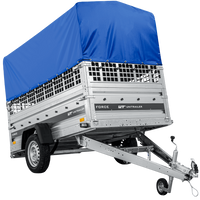 Remorque porte-voitures sur ressorts 230x125 UNITRAILER FORCE 230/R KIPP avec côtés en filet, châssis H-800 et bâche bleue