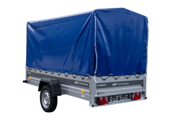 Remorque porte-voitures 264x125 UNITRAILER FORCE 264 KIPP avec châssis H-1100 et bâche bleue