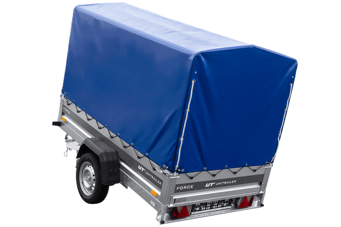 Remorque porte-voitures sur ressorts 230x125 UNITRAILER FORCE 230/R KIPP avec châssis H-1100 et bâche bleue