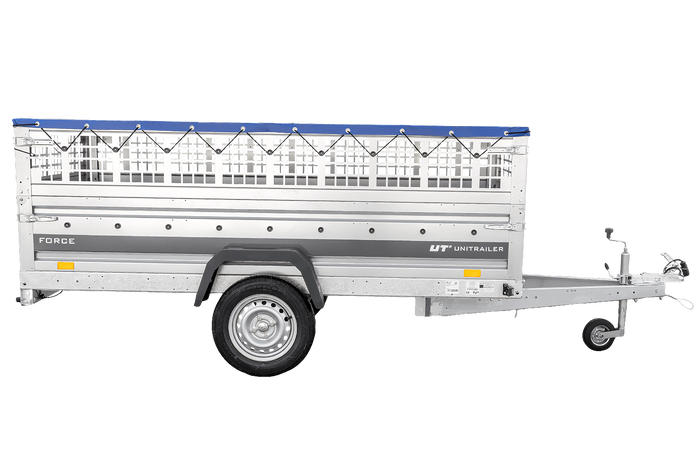 Remorque à un essieu 264x125 UNITRAILER FORCE 264 KIPP avec ridelles grillagées, châssis H-0 et bâche bleue