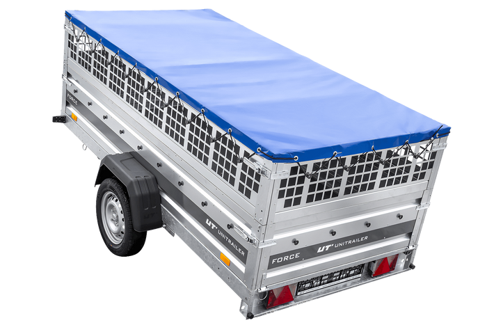 Remorque à un essieu sur ressorts 264x125 UNITRAILER FORCE 264/R KIPP avec côtés en filet, châssis H-0 et bâche bleue