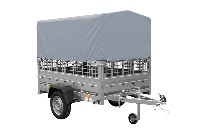 Remorque à un essieu 200x125 UNITRAILER GARDEN 201 KIPP avec ridelles grillagées, châssis H-800 et bâche grise