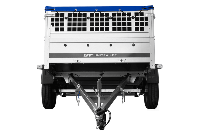 Remorque sur ressorts 200x125 UNITRAILER GARDEN 201/R KIPP avec ridelles grillagés, châssis H-0 et bâche bleue