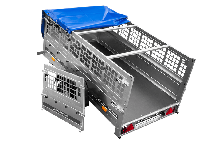 Remorque légère 200x106 UNITRAILER GARDEN 200 KIPP avec côtés en filet, châssis H-0 et bâche bleue
