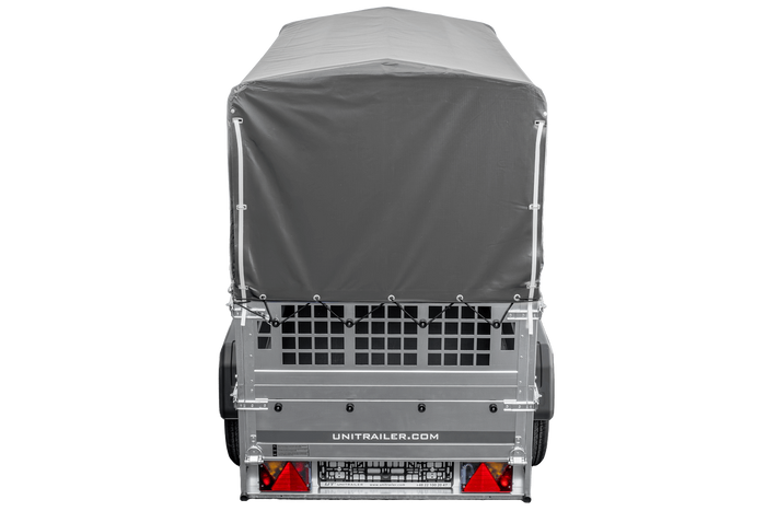 Remorque porte-voitures 200x106 UNITRAILER GARDEN 200 KIPP avec côtés en filet, châssis H-800 et bâche grise