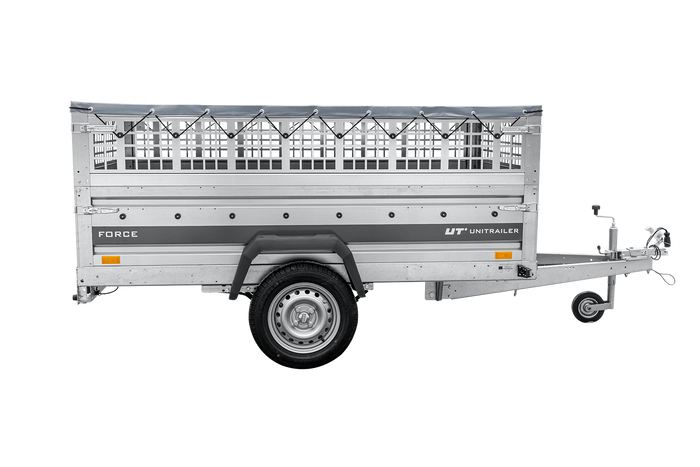 Remorque légère sur ressorts 230x125 UNITRAILER FORCE 230/R KIPP avec côtés en filet, châssis H-0 et bâche grise