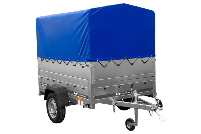 Remorque mono-essieu 200x125 UNITRAILER GARDEN 201 KIPP avec ridelles BIS, châssis H-800 et bâche bleue