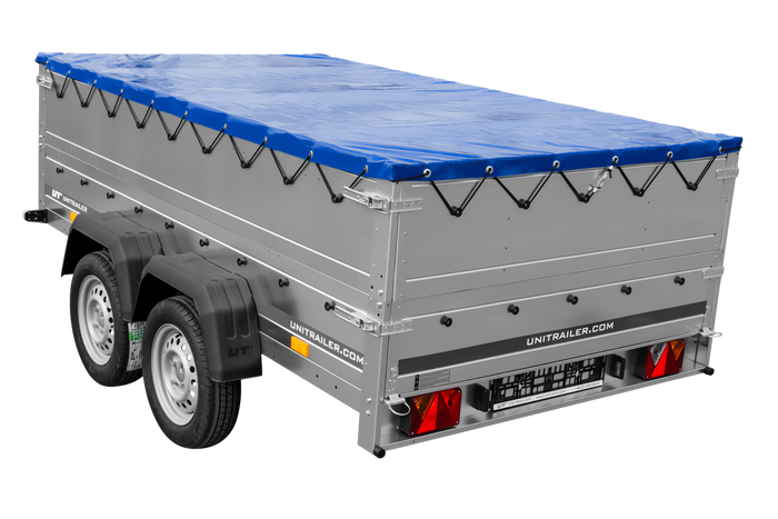 Remorque à deux essieux 264x150 UNITRAILER GARDEN 265/2 KIPP avec ridelles BIS, châssis H-0 et bâche bleue