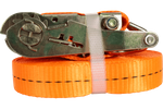 Ensemble de quatre courroies de transport UNITRAILER orange 10 m/25 mm/1 t avec tendeur