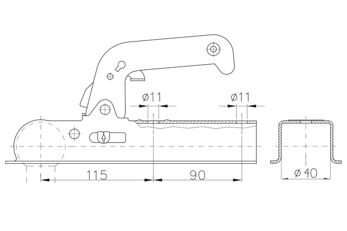 Attelage à boule CHOOYO JD.00.53.008 pour remorque de 800 kg avec barre d'attelage carrée de 40 mm