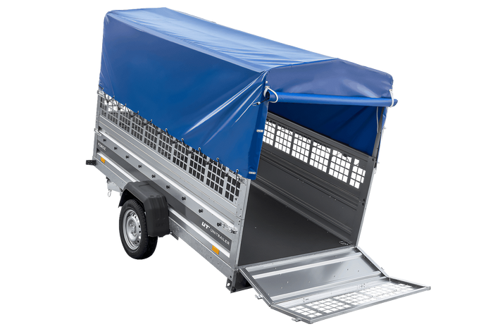 Remorque porte-voitures sur ressorts 264x125 UNITRAILER FORCE 264/R KIPP avec côtés en filet, châssis H-800 et bâche bleue