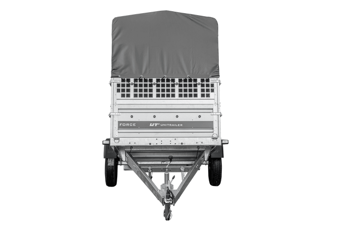 Remorque porte-voitures 264x125 UNITRAILER FORCE 264 KIPP avec côtés en filet, châssis H-800 et bâche grise