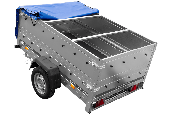 Remorque voiture 200x125 UNITRAILER GARDEN 201 KIPP avec ridelles supplémentaires et bâche bleue