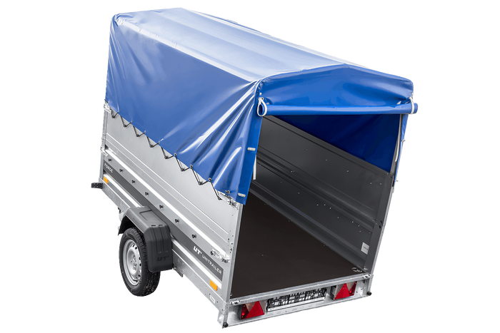 Remorque à un essieu sur ressorts 230x125 UNITRAILER FORCE 230/R KIPP avec ridelles BIS, châssis H-800 et bâche bleue