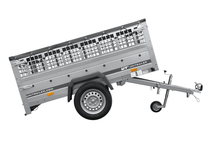 Remorque à un essieu 200x125 UNITRAILER GARDEN 201 KIPP avec côtés en filet et bâche grise
