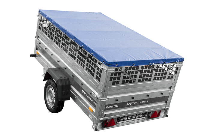 Remorque à un essieu 230x125 UNITRAILER FORCE 230 KIPP avec côtés grillagés, châssis H-0 et bâche bleue