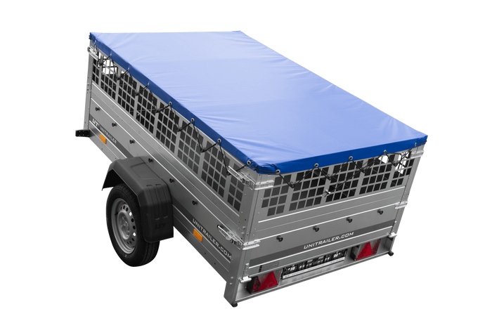 Remorque à un essieu 200x125 UNITRAILER GARDEN 201 KIPP avec côtés en filet, châssis H-0 et bâche bleue