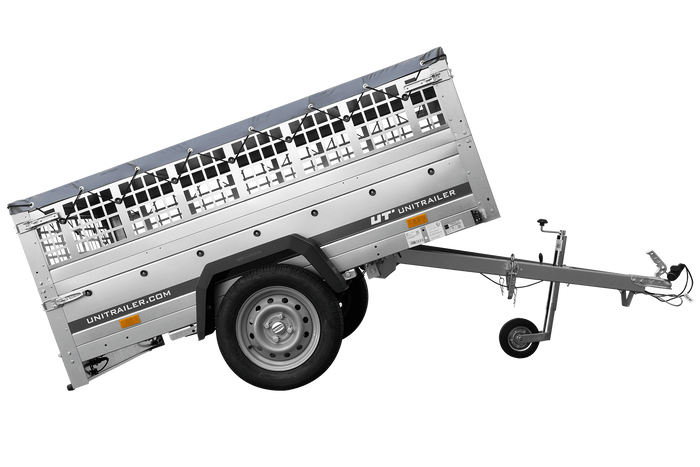 Remorque porte-voitures sur ressorts 200x125 UNITRAILER GARDEN 201/R KIPP avec côtés en filet, châssis H-0 et bâche grise