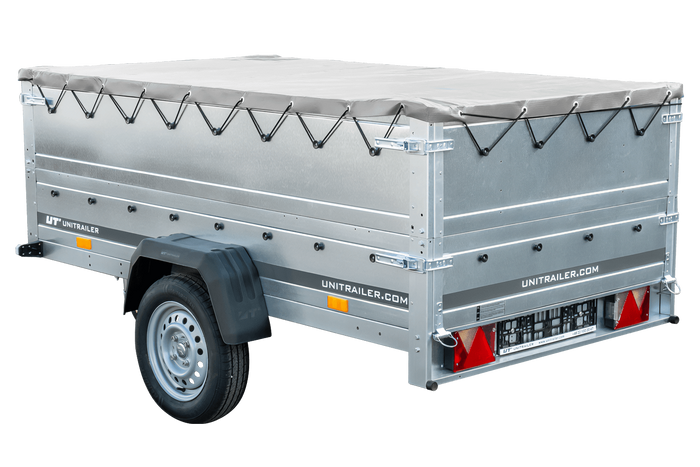 Grande remorque 230x125 avec bâche plate grise, tiges de support bâche, rehausses de ridelles et roue jockey - Garden Trailer 230 KIPP
