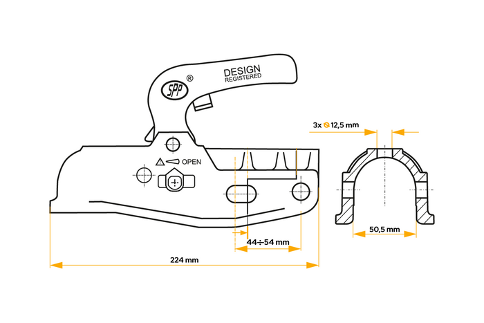 Attelage à boule STEELPRESS BC-3000C-00-00+Z2 pour remorque de 3 000 kg avec timon tubulaire de 35 à 50 mm, en fonte