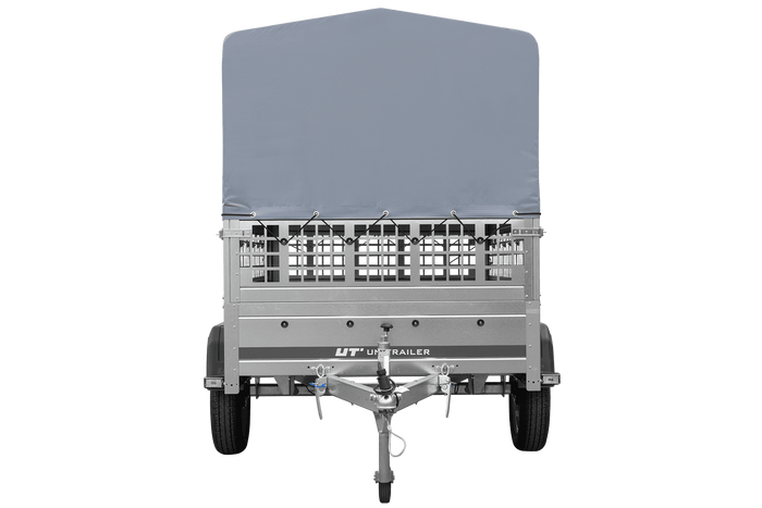 Remorque à un essieu 200x125 UNITRAILER GARDEN 201 KIPP avec côtés en filet, châssis H-800 et bâche grise