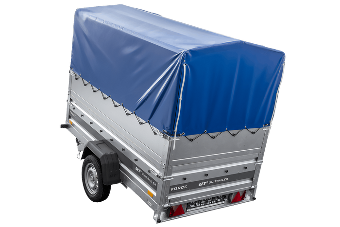 Remorque à un essieu sur ressorts 230x125 UNITRAILER FORCE 230/R KIPP avec ridelles BIS, châssis H-800 et bâche bleue